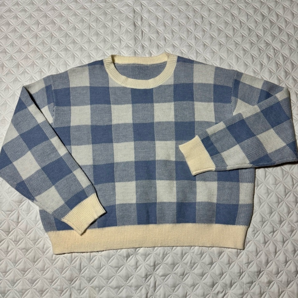 Dazy Blue Cream Gingham Checkered Crew Cropped Pullover Knit Sweater Size M